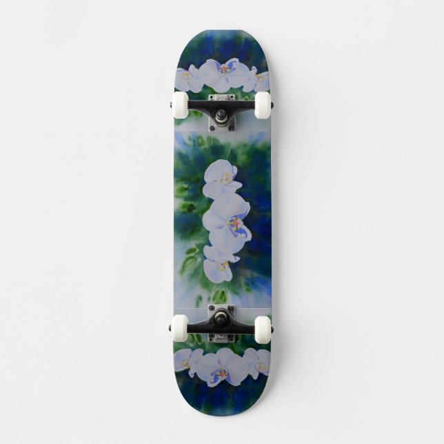 Elegant white watercolor tropical boho orchids  skateboard (Front)