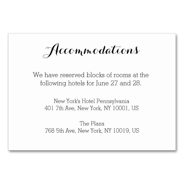 Elegant White Wedding Accommodation Cards (Front)
