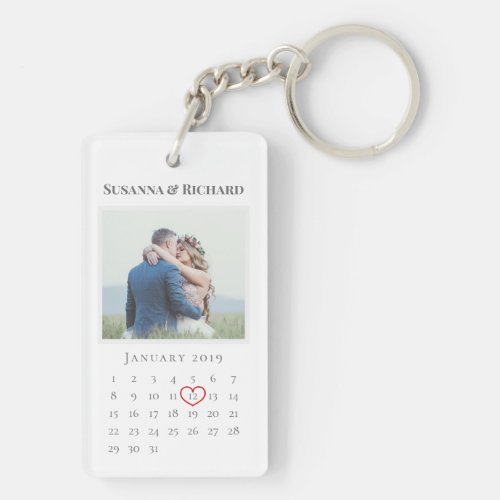 Elegant White Wedding Anniversary Calendar Photo Keychain