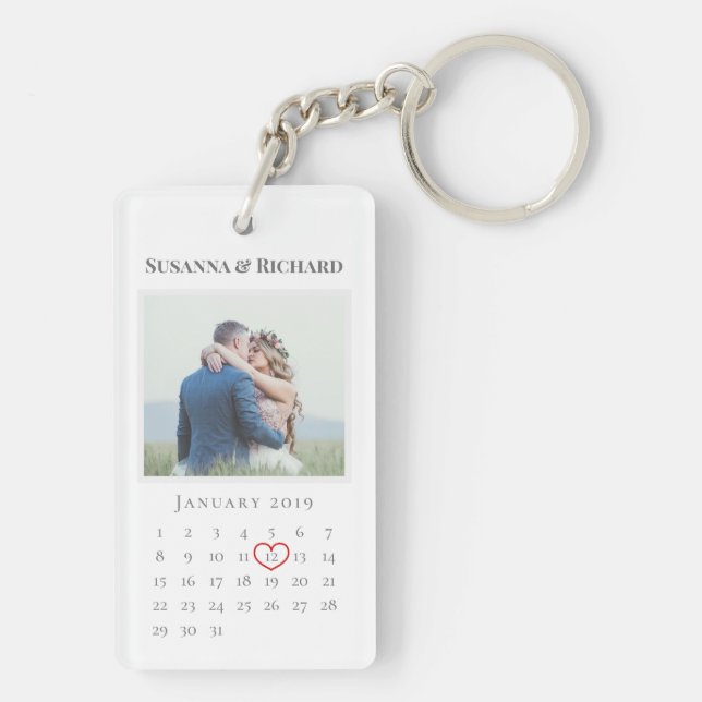 Elegant White Wedding Anniversary Calendar Photo Keychain (Back)