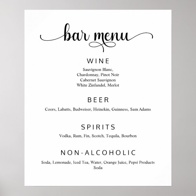 Elegant White Wedding Bar Menu Poster (Front)