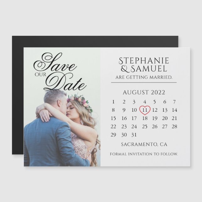 Elegant White Wedding Calendar Photo Save the Date Magnetic Invitation (Front/Back)