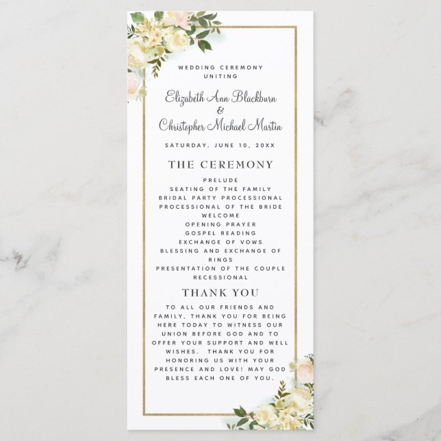Elegant White Wedding Ceremony Program Watercolor (Front)