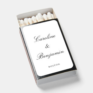 Elegant White Wedding Couple Name City Calligraphy Matchboxes