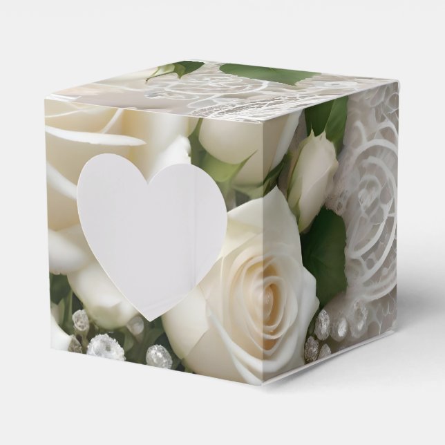 Elegant White Wedding Lace And Roses,  Favor Boxes (Front Side)