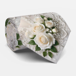 Elegant White Wedding Lace And Roses, Neck Tie