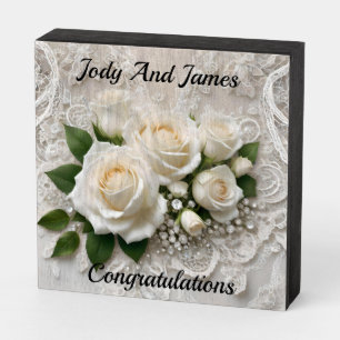 Elegant White Wedding Lace And Roses, Wooden Box Sign