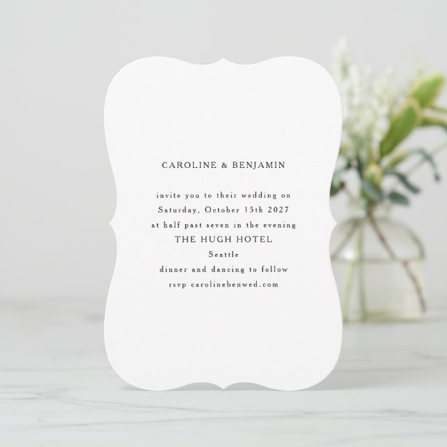 Elegant White Wedding Minimalist Black Text Shaped Invitation (Standing Front)