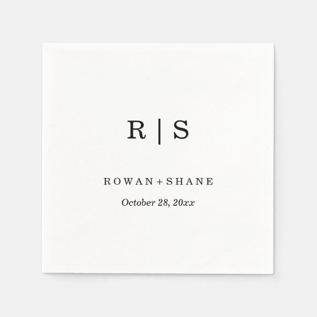 Elegant White Wedding Napkin with Black Monogram (Front)