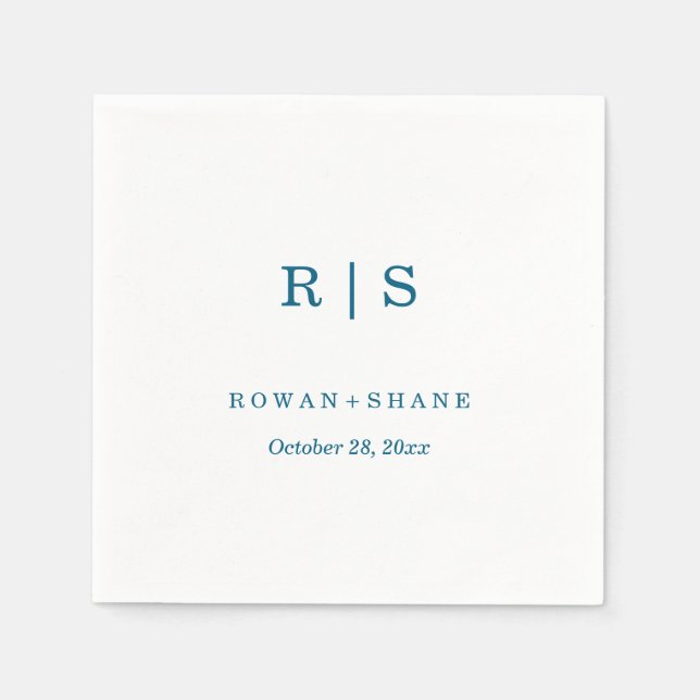 Elegant White Wedding Napkin with Blue Monogram (Front)