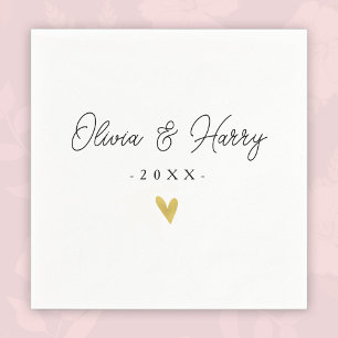 Elegant White Wedding Paper Napkin Gold Heart