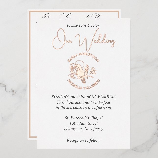 Elegant White Wedding Rose Gold Foil Invitation (Front/Back)