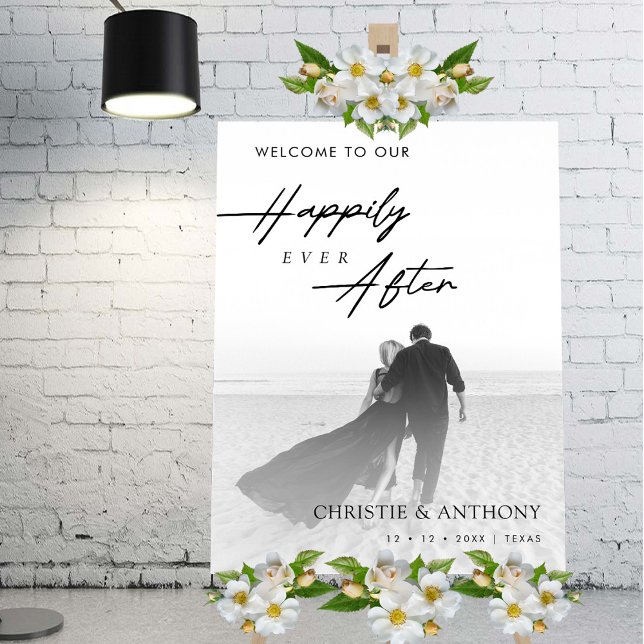 Elegant White Wedding Welcome Sign Custom Photo (Elegant White Wedding Welcome Sign with Photo)