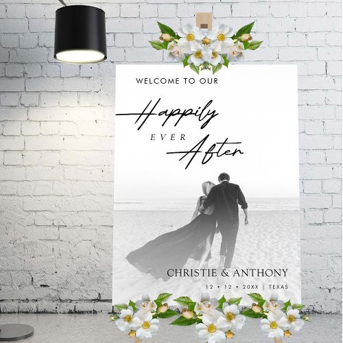 Elegant White Wedding Welcome Sign with Photo 
