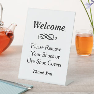 Elegant White Welcome Remove Shoes Pedestal Sign