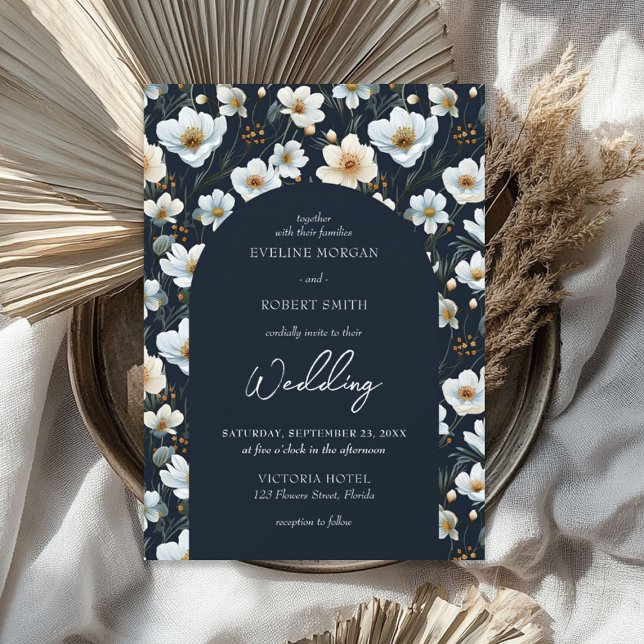 Elegant white wild flowers meadow blue arch invitation (Elegant white wild flowers meadow blue arch invitation)