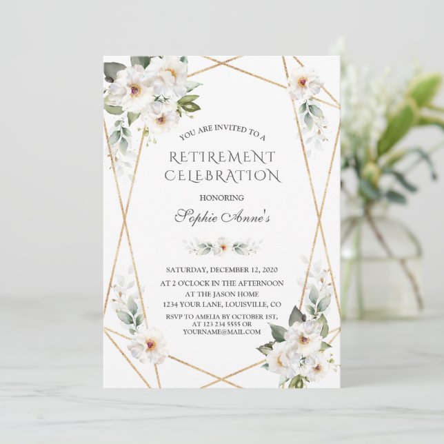Elegant White Wild Roses Gold Retirement Party  Invitation (Standing Front)