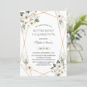 Elegant White Wild Roses Gold Retirement Party Invitation