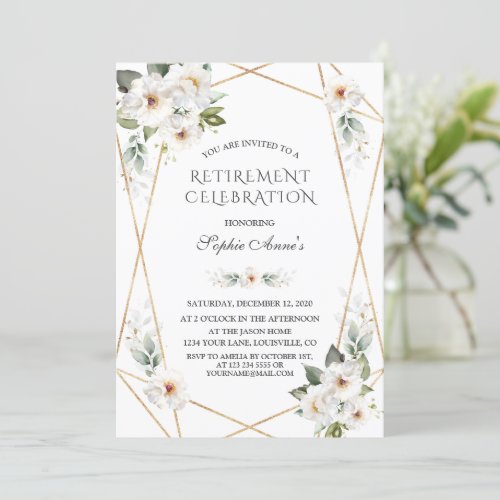 Elegant White Wild Roses Gold Retirement Party  Invitation