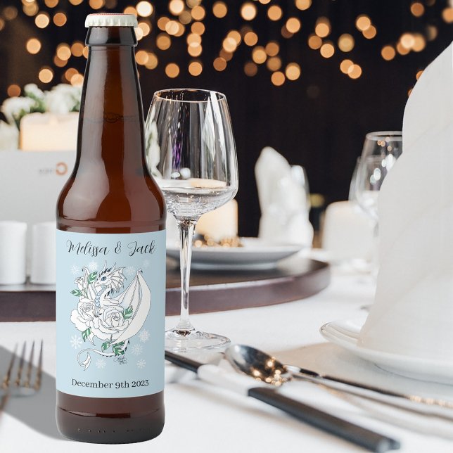 Elegant White Winter Fantasy Dragon Roses Wedding Beer Bottle Label (Creator Uploaded)