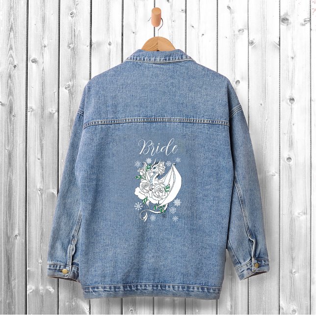 Elegant White Winter Fantasy Dragon Roses Wedding Denim Jacket (Creator Uploaded)