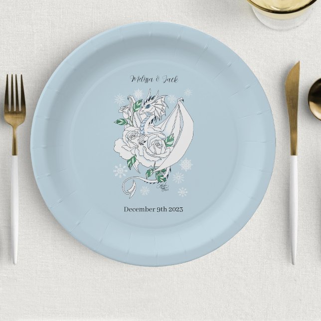 Elegant White Winter Fantasy Dragon Roses Wedding Paper Plates (Creator Uploaded)