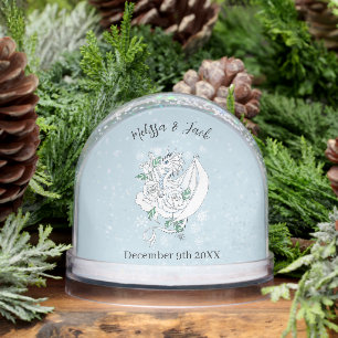 Elegant White Winter Fantasy Dragon Roses Wedding Snow Globe