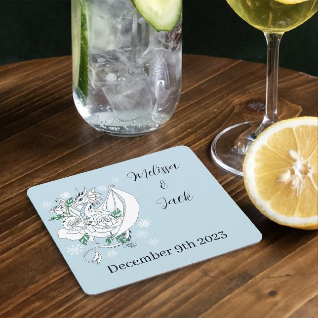 Elegant White Winter Fantasy Dragon Roses Wedding Square Paper Coaster (Creator Uploaded)