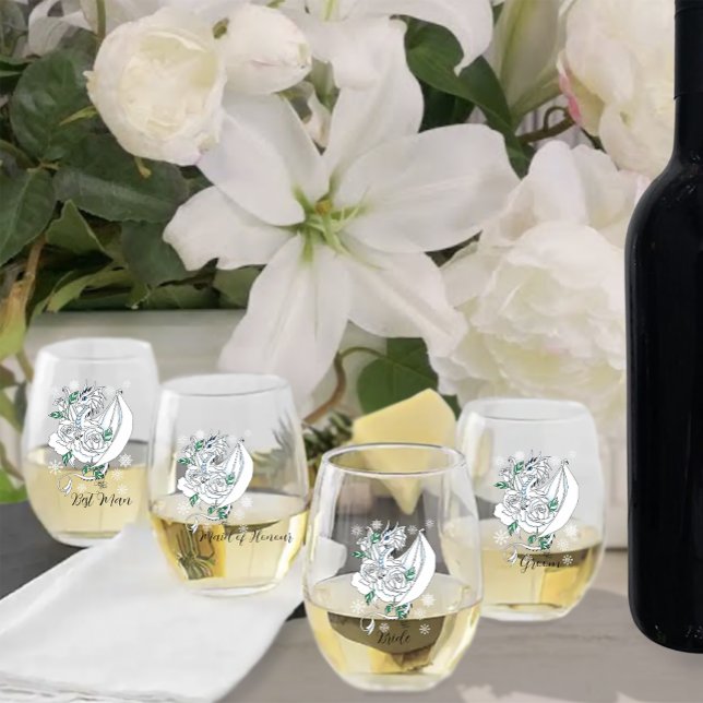 Elegant White Winter Fantasy Dragon Roses Wedding Stemless Wine Glass (Creator Uploaded)