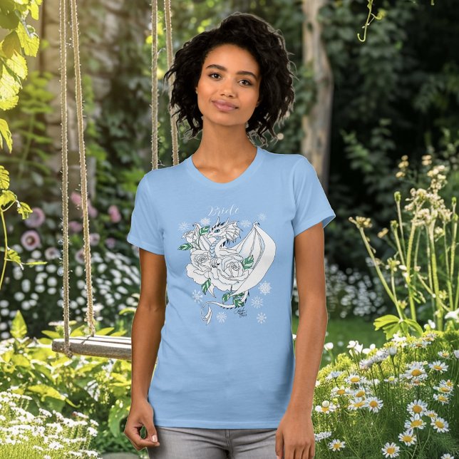 Elegant White Winter Fantasy Dragon Roses Wedding T-Shirt (Creator Uploaded)
