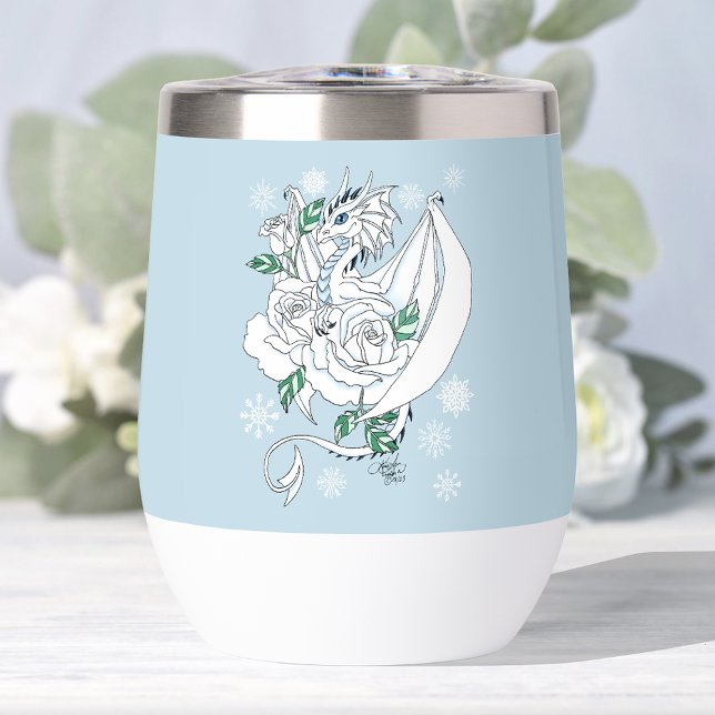 Elegant White Winter Fantasy Dragon Roses Wedding Thermal Wine Tumbler (Creator Uploaded)