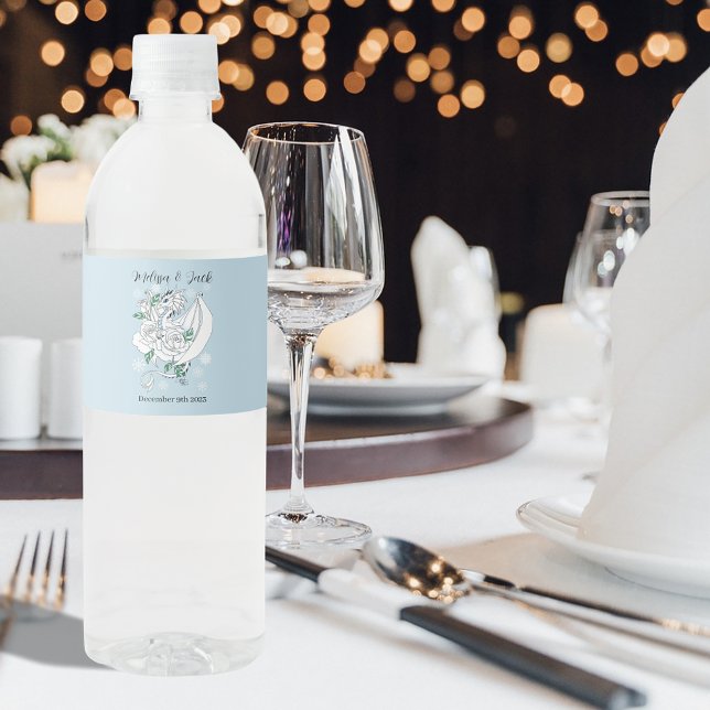 Elegant White Winter Fantasy Dragon Roses Wedding Water Bottle Label (Creator Uploaded)