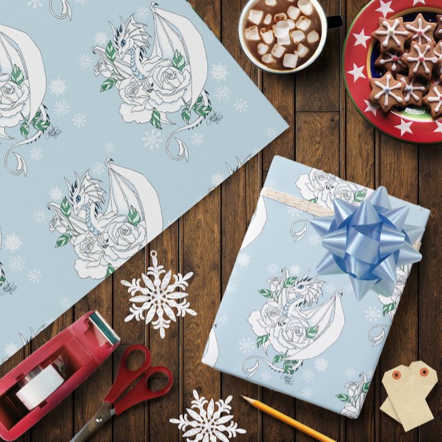 Elegant White Winter Fantasy Dragon Roses Wedding Wrapping Paper (Creator Uploaded)