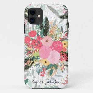 Elegant White Winter Floral & Gold Glitter Dots iPhone 11 Case