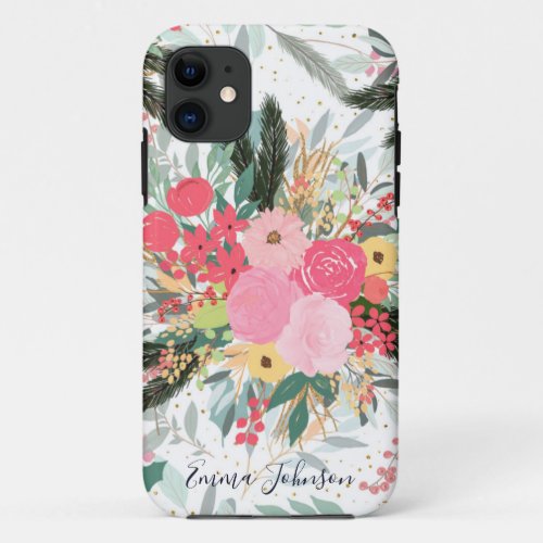 Elegant White Winter Floral  Gold Glitter Dots iPhone 11 Case