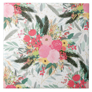 Elegant White Winter Floral & Gold Glitter Dots Ceramic Tile