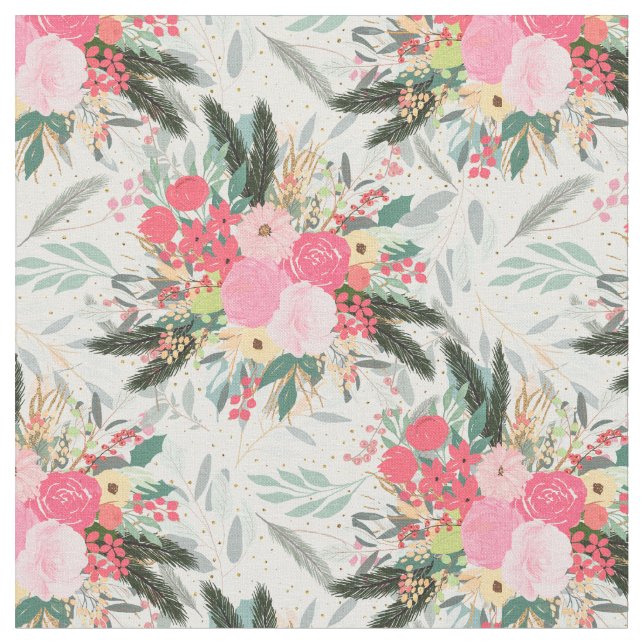 Elegant White Winter Floral & Gold Glitter Dots Fabric (Close Up)
