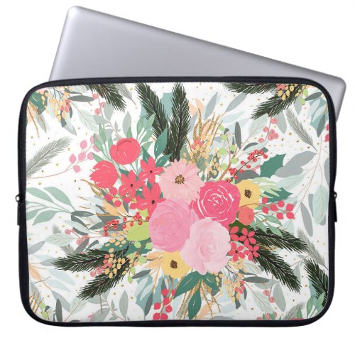 Elegant White Winter Floral  Gold Glitter Dots Laptop Sleeve