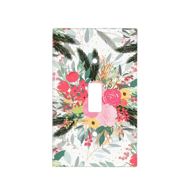 Elegant White Winter Floral & Gold Glitter Dots Light Switch Cover (Front)