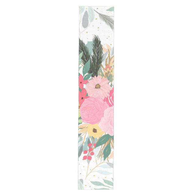 Elegant White Winter Floral & Gold Glitter Dots Medium Table Runner (Front)
