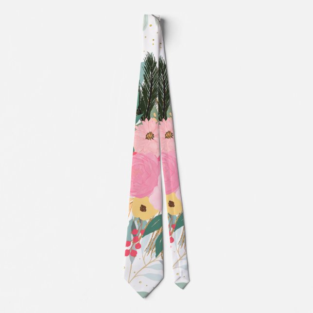 Elegant White Winter Floral & Gold Glitter Dots Neck Tie (Front)