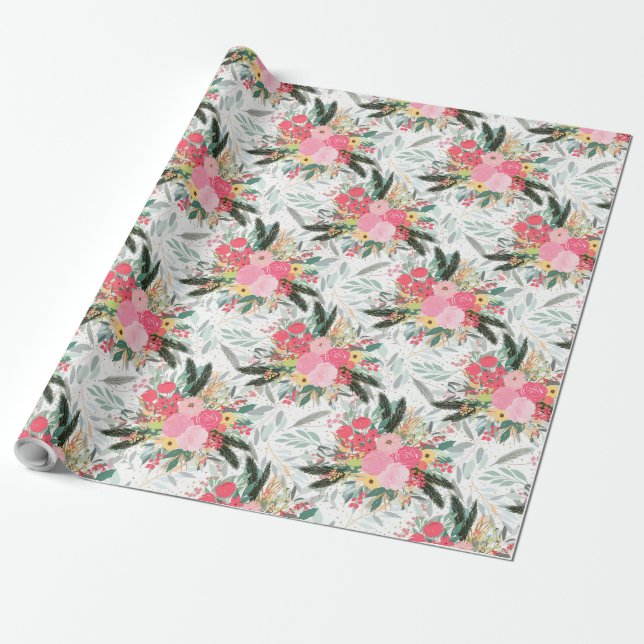 Elegant White Winter Floral & Gold Glitter Dots Wrapping Paper (Unrolled)