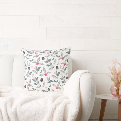 Elegant White Winter floral Watercolor Christmas Throw Pillow