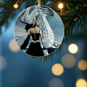 Elegant White Winter Gothic Dragon Queen Fantasy Ceramic Ornament