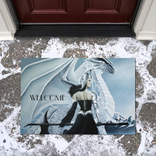Elegant White Winter Gothic Dragon Queen Fantasy Doormat