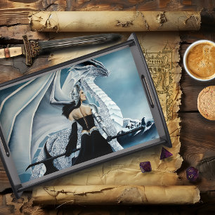 Elegant White Winter Gothic Dragon Queen Fantasy Serving Tray