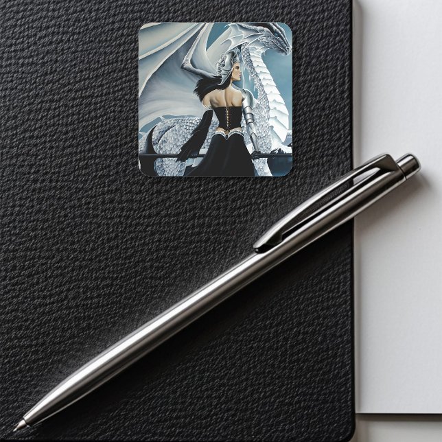 Elegant White Winter Gothic Dragon Queen Fantasy Square Sticker (Creator Uploaded)