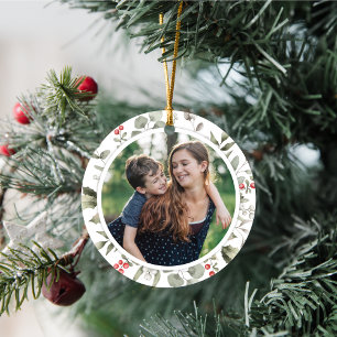 Elegant White Winter Greenery Wreath 1 Photo Ceramic Ornament