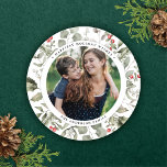 Elegant White Winter Greenery Wreath Photo Round Holiday Card<br><div class="desc">DESIGN TIP: Depending on the length of your name you may need to slightly adjust the curvature of the type. You can do this in the design tool. This elegant and festive holiday photo card features a beautiful watercolor wreath of holly, eucalyptus, and berries over a classic white background. The...</div>