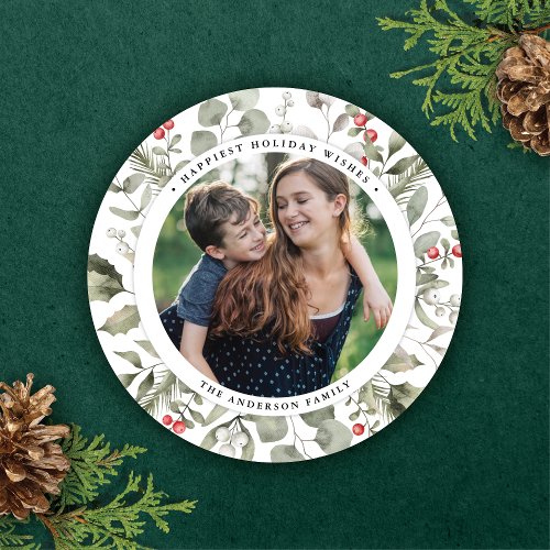Elegant White Winter Greenery Wreath Photo Round Holiday Card